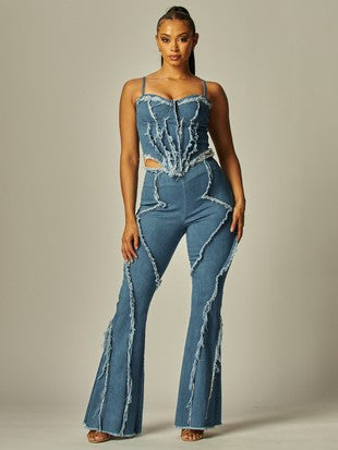 Denim Fringe Halter Pant Set