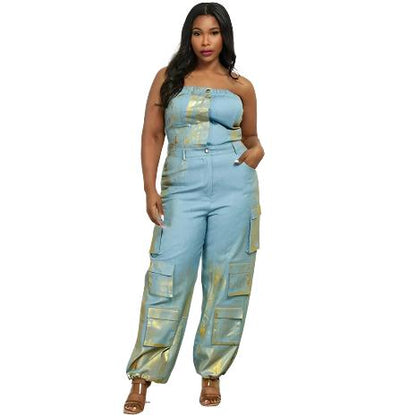 Denim Cargo Foil Jumpsuit