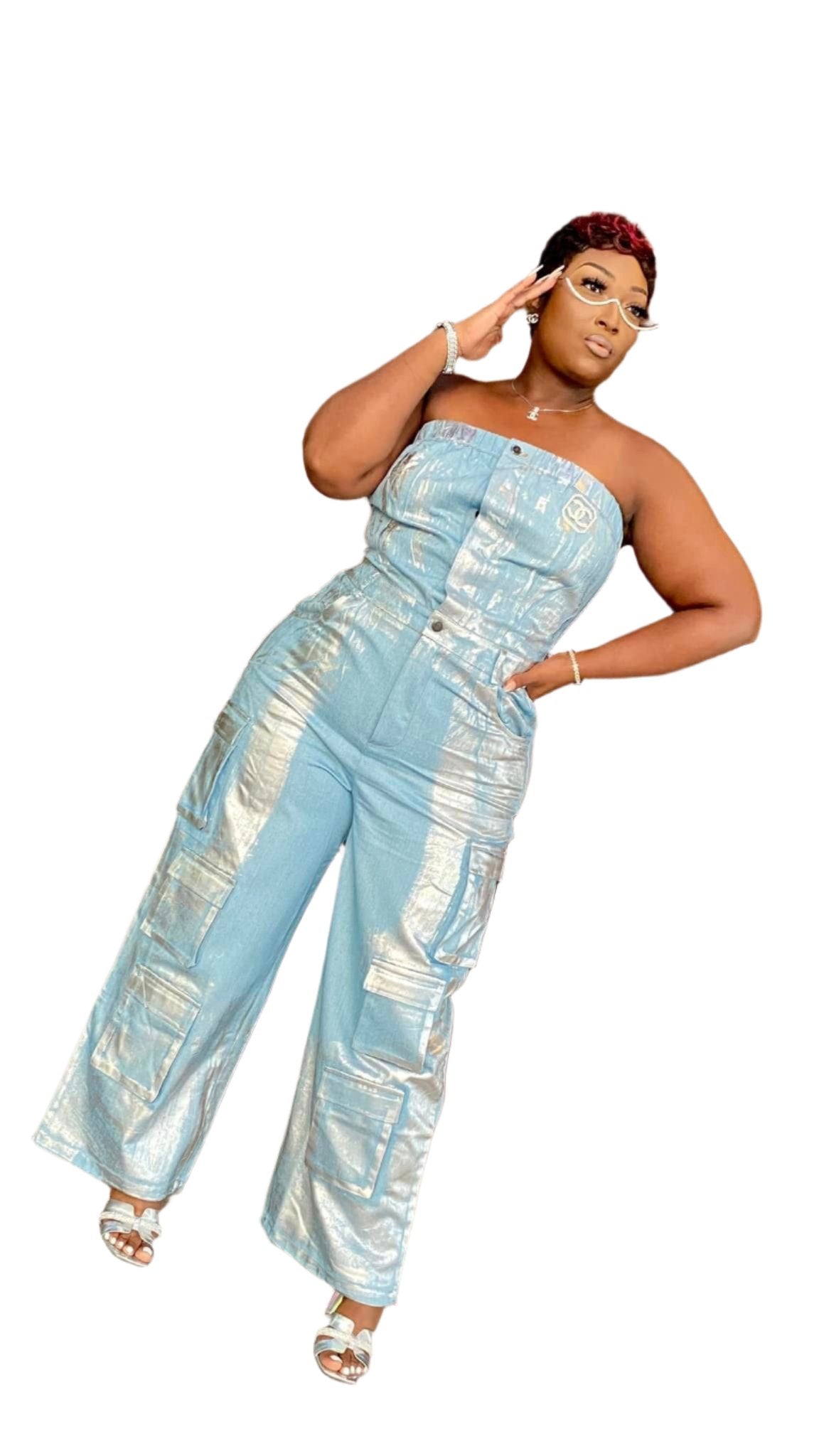 Denim Cargo Foil Jumpsuit