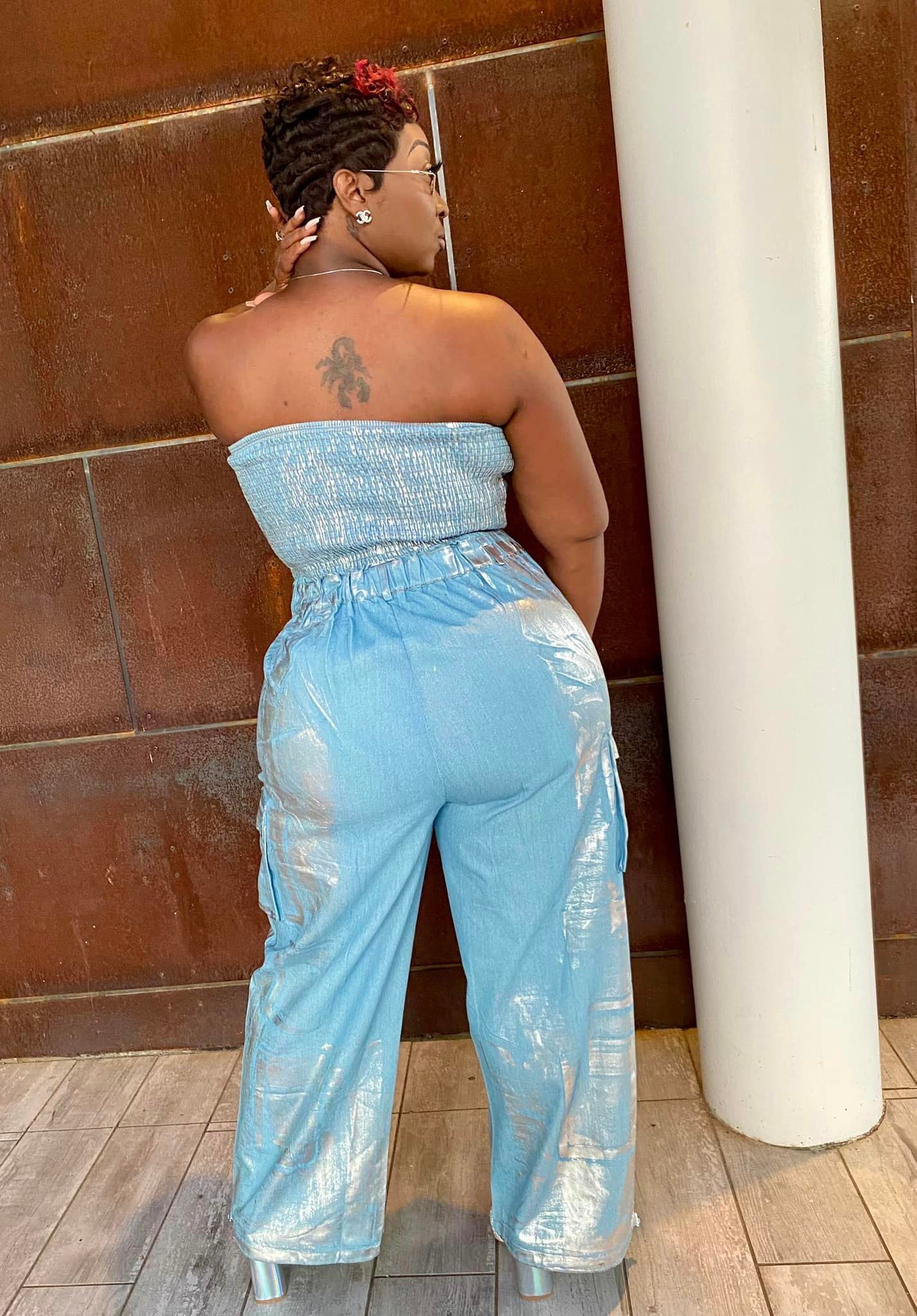 Denim Cargo Foil Jumpsuit